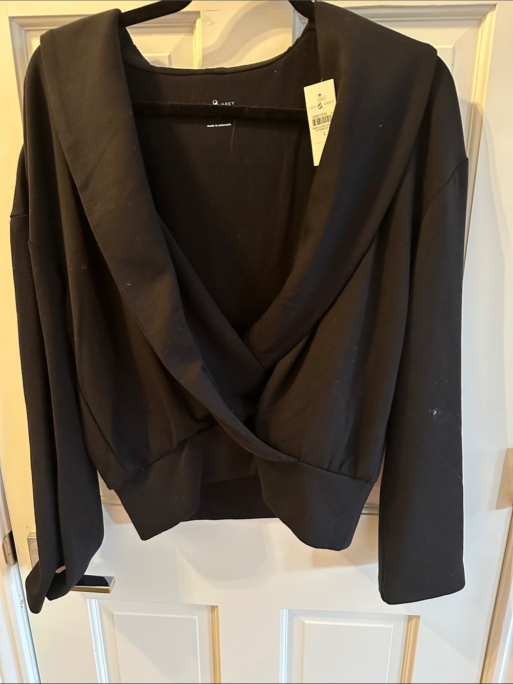 Scuba Soft Lou & Grey Black Draped Wrap-Front Shawl Collar Hoodie